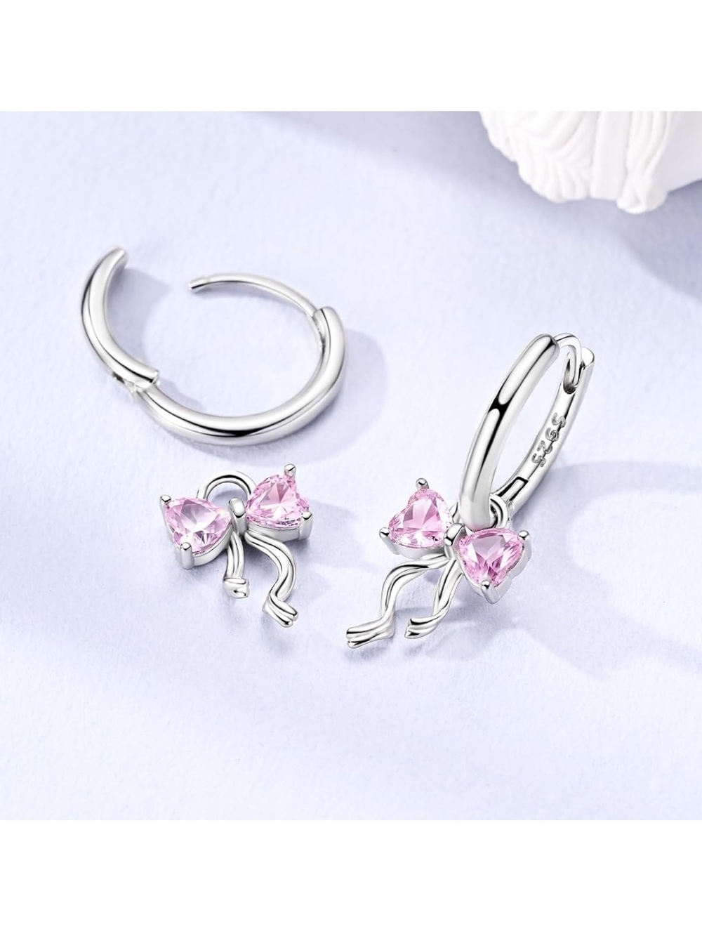 Elegant Silver Hoop Earrings with Pink Bow Gemstones - Women Jewelry
